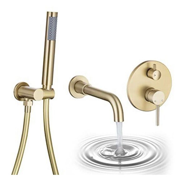 Wall-Mounted Bathtub Faucet Handheld Shower High Flow 360 Swivel Brushed Gold - Picture 1 of 4